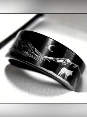 Black Mountain & Wolf Engraved Stainless Steel Ring, Wilderness Ring